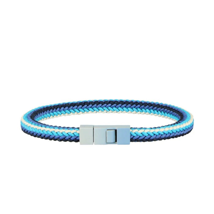 The ATHISON SQUARE BRAIDED COTTON BRACELET IN WATER features blue and turquoise waxed cotton with a rectangular silver clasp—an eco-friendly, stylish piece by ATHISON, shown on a white background.