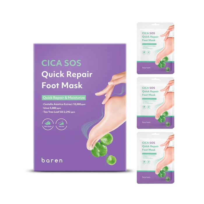 BAREN CICA SOS Quick Repair Foot Mask is an intensive treatment designed to soften, soothe, and repair dry, rough feet. Formulated with Centella Asiatica Extract, Urea, and Panthenol, it helps calm irritation while deeply moisturizing stressed skin. Shea Butter, Argan Oil, and Jojoba Seed Oil nourish and smooth rough areas, while multiple forms of Hyaluronic Acid deliver lasting hydration. This foot mask leaves feet feeling softer, refreshed, and comfortably moisturized after use, making it idea