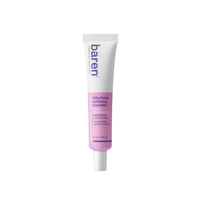 BAREN Silky Finish Hydrating Foot Balm is a rich yet fast-absorbing foot treatment designed to deeply moisturize and smooth dry, rough skin. Formulated with Urea, Glycerin, and Squalane, it helps soften hardened areas while restoring moisture balance. Shea Butter, Ceramides, and Cholesterol support the skin barrier, while Centella Asiatica Extract and Panthenol help calm and comfort tired feet. Multiple forms of Hyaluronic Acid deliver long-lasting hydration, leaving feet feeling soft, nourished