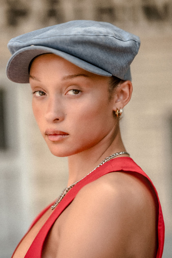 Unisex Barrel Alpha Snap Cap in the color Light Stone Wash Denim - Women's Lifestyle image