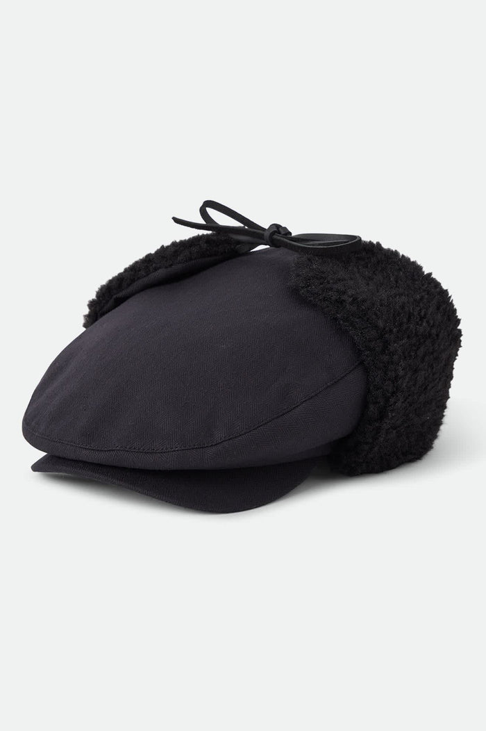Unisex Barrel Earflap Snap Cap in the color Black/Black - Front Product View