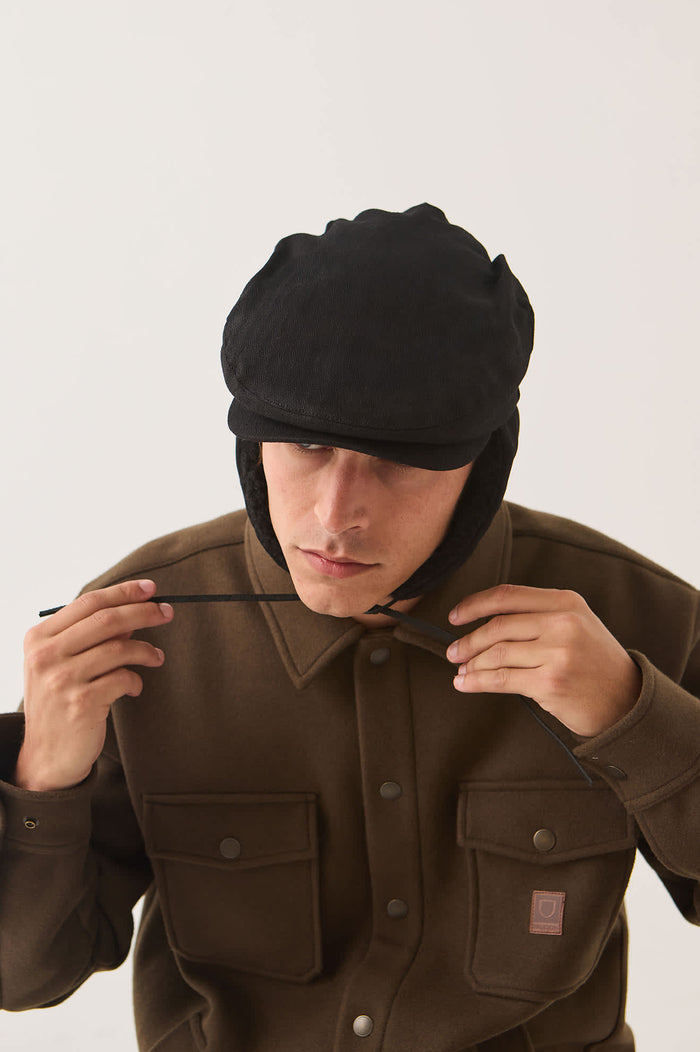 Unisex Barrel Earflap Snap Cap in the color Black/Black - Additional Fit image