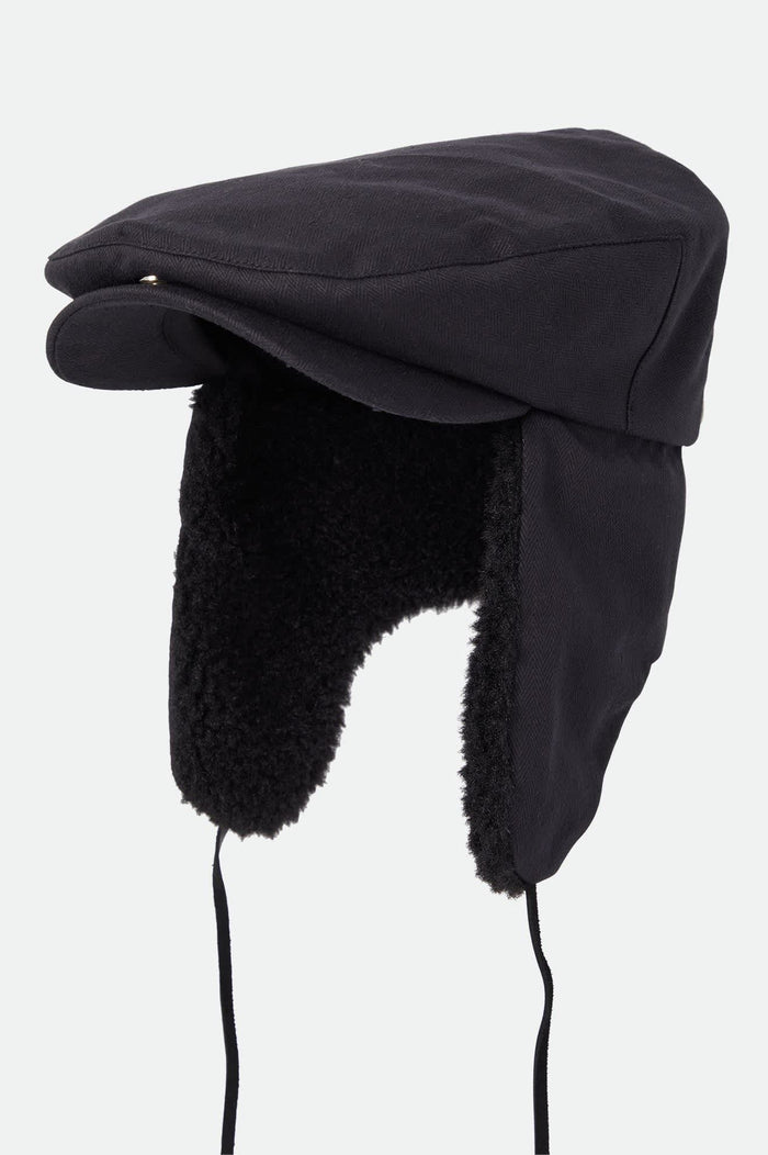 Unisex Barrel Earflap Snap Cap in the color Black/Black - Additional Laydown image