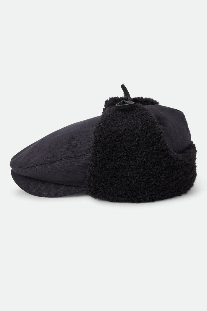 Unisex Barrel Earflap Snap Cap in the color Black/Black - Additional Laydown image