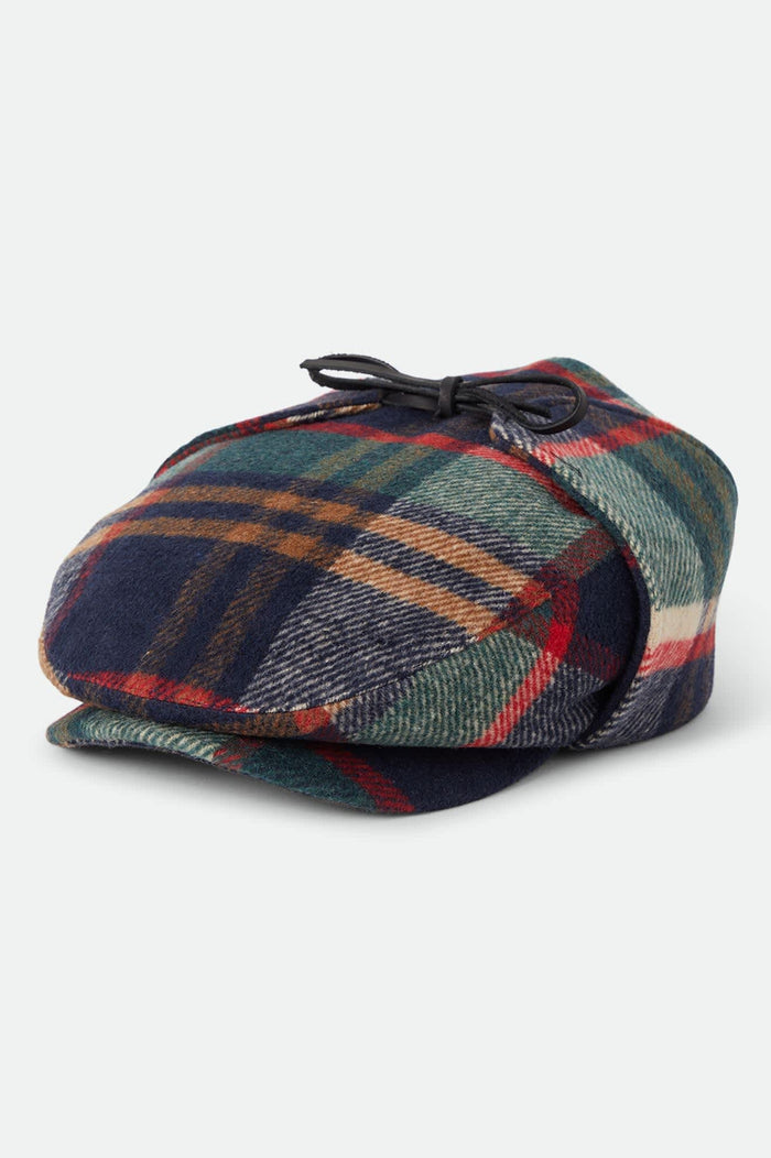 Unisex Barrel Earflap Snap Cap in the color Navy/Green/Red/Cream - Front Product View