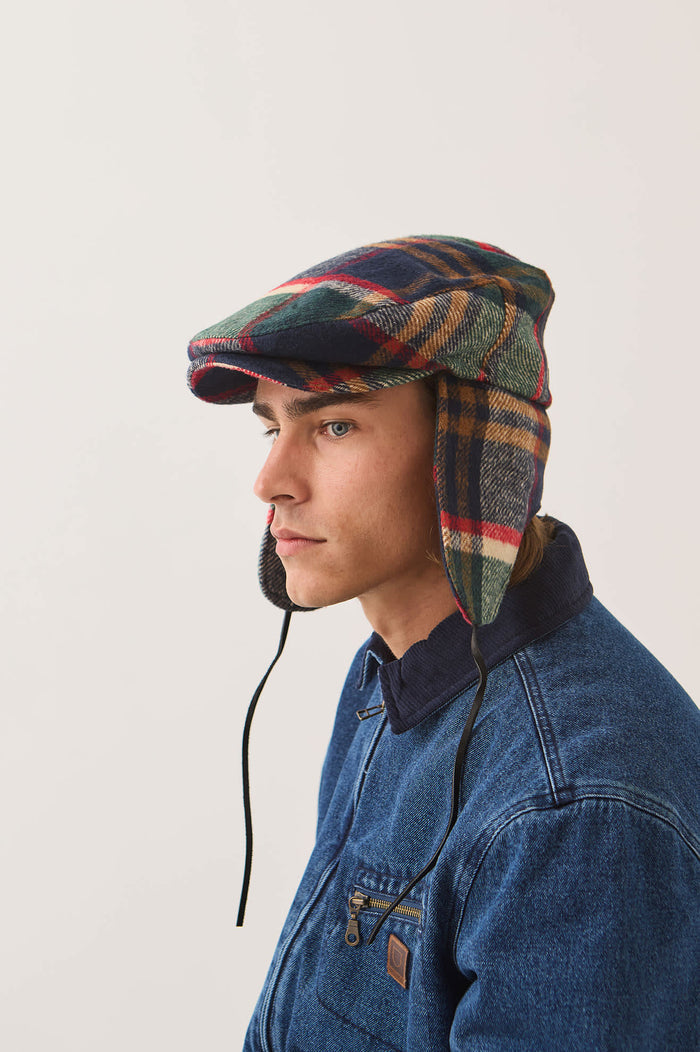 Unisex Barrel Earflap Snap Cap in the color Navy/Green/Red/Cream - Additional Fit image