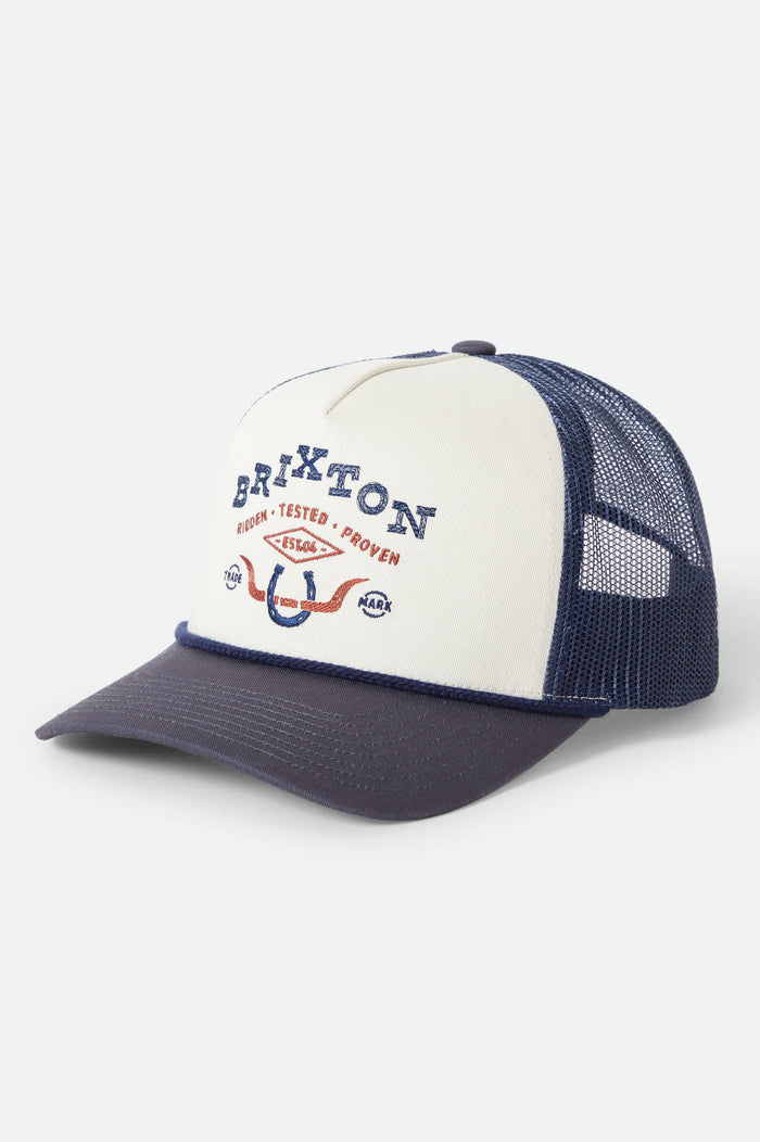 Unisex Beekman Netplus Trucker Hat in the color Off White/Navy - Front Product View