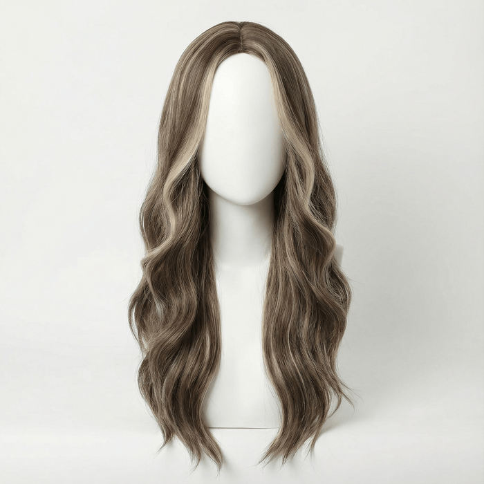 Brown wavy wig on a mannequin head against a white background