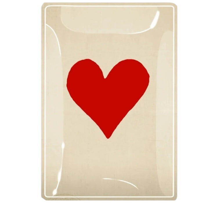 A playing card featuring a bold red heart in the center, inspired by the BEN’S GARDEN - RED LONG HEART DECOUPAGE GLASS TRAY, set against a beige background with a glossy finish that echoes the brand’s signature handcrafted decoupage style from BENS GARDEN. This design perfectly reflects the distinctive charm of the Red Long Heart motif.