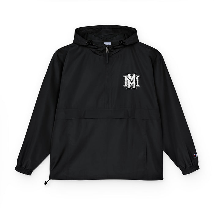 Black Packable Anorak Jacket with White Crest Graphic — Lightweight Windbreaker