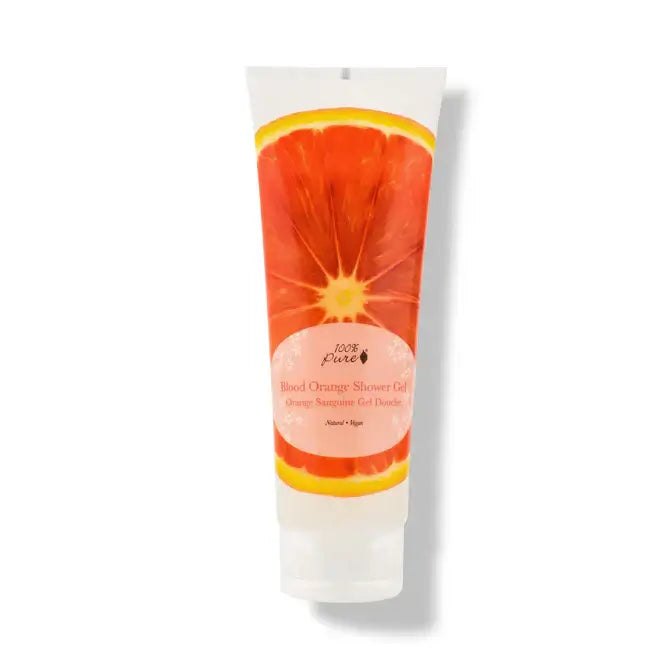 Blood Orange Shower Gel - 100% Pure with bright orange packaging, emphasizing hydrating and cleansing properties.