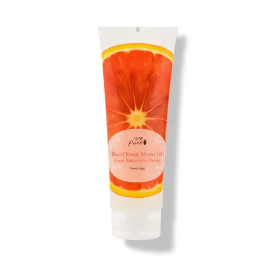Blood Orange Shower Gel - 100% Pure with bright orange packaging, emphasizing hydrating and cleansing properties.