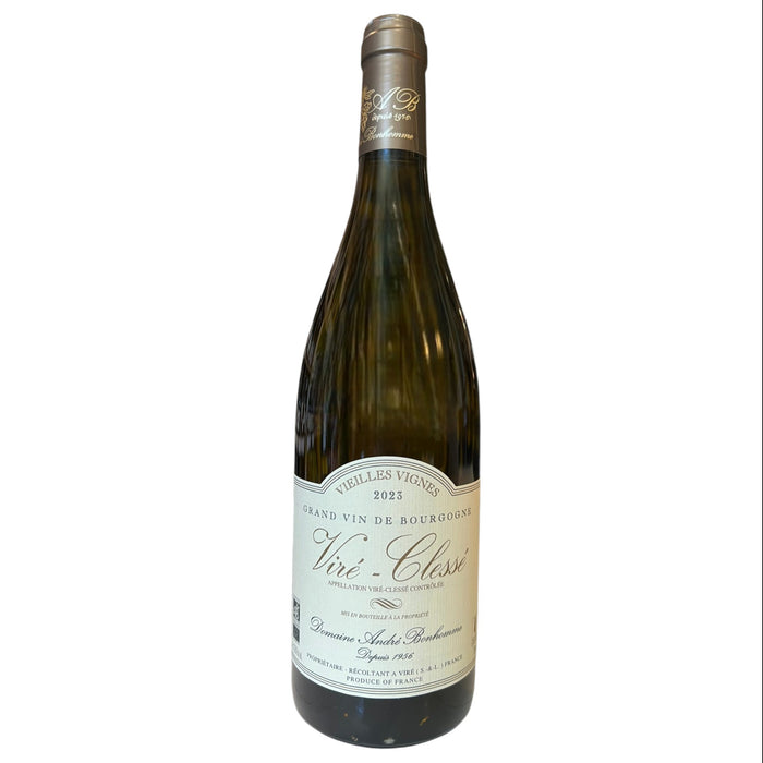 A bottle of BONHOMME VIRÉ-CLESSÉ 'VIELLES VIGNES' 2023 from WINE: PROOF, with a beige label featuring gold and black text and a gold foil cap, is displayed against a plain white background.