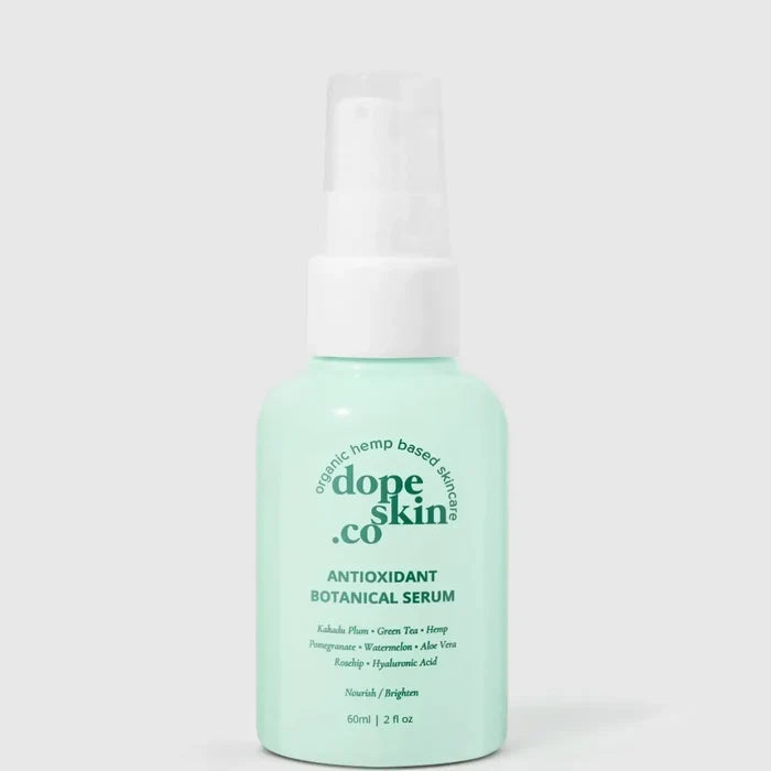Mint green bottle of Dope Skin Co. Antioxidant Botanical Serum on a white background
