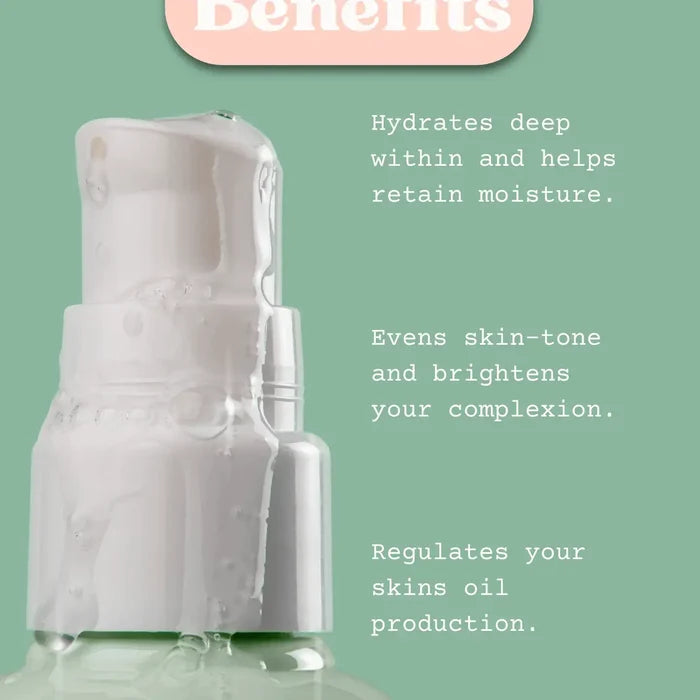 Skincare product with text listing benefits on a green background
