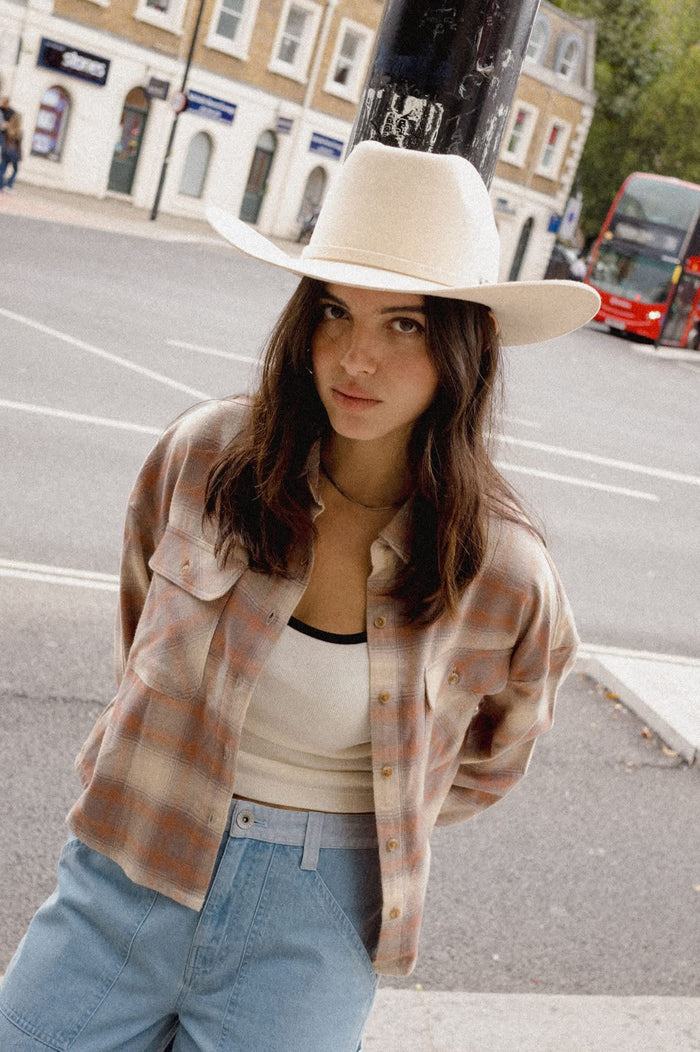 Women's Bowery Crop Women's Overshirt in the color Soft Tan Window Plaid - Women's Lifestyle image