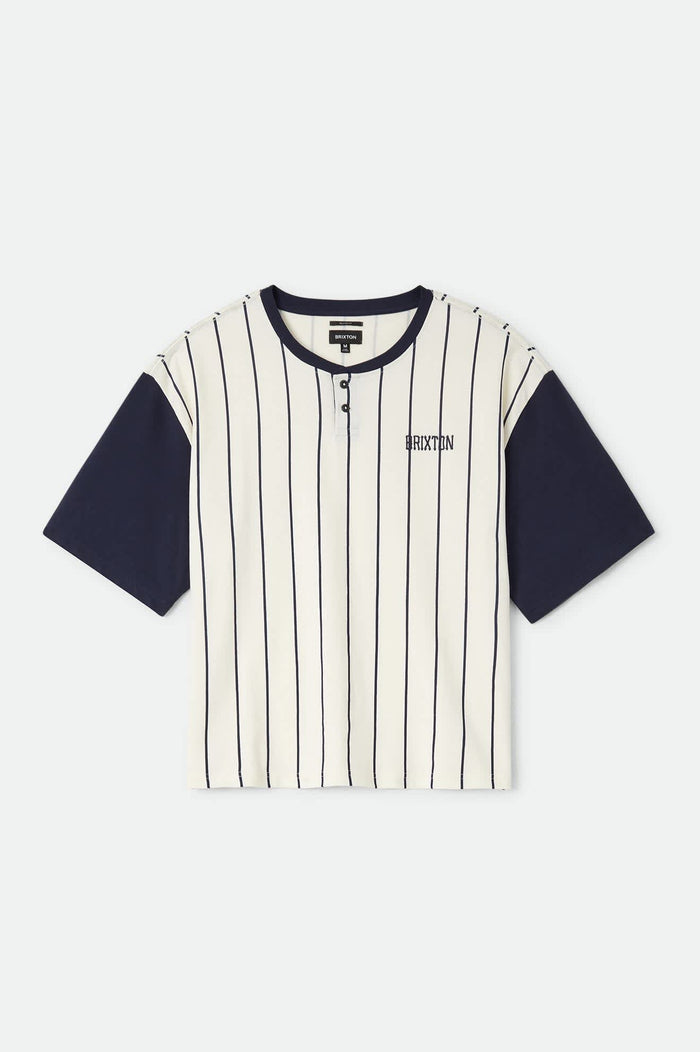 Men's Boxy Baseball T-Shirt in the color Off White Stripe/Washed Navy - Front Product View