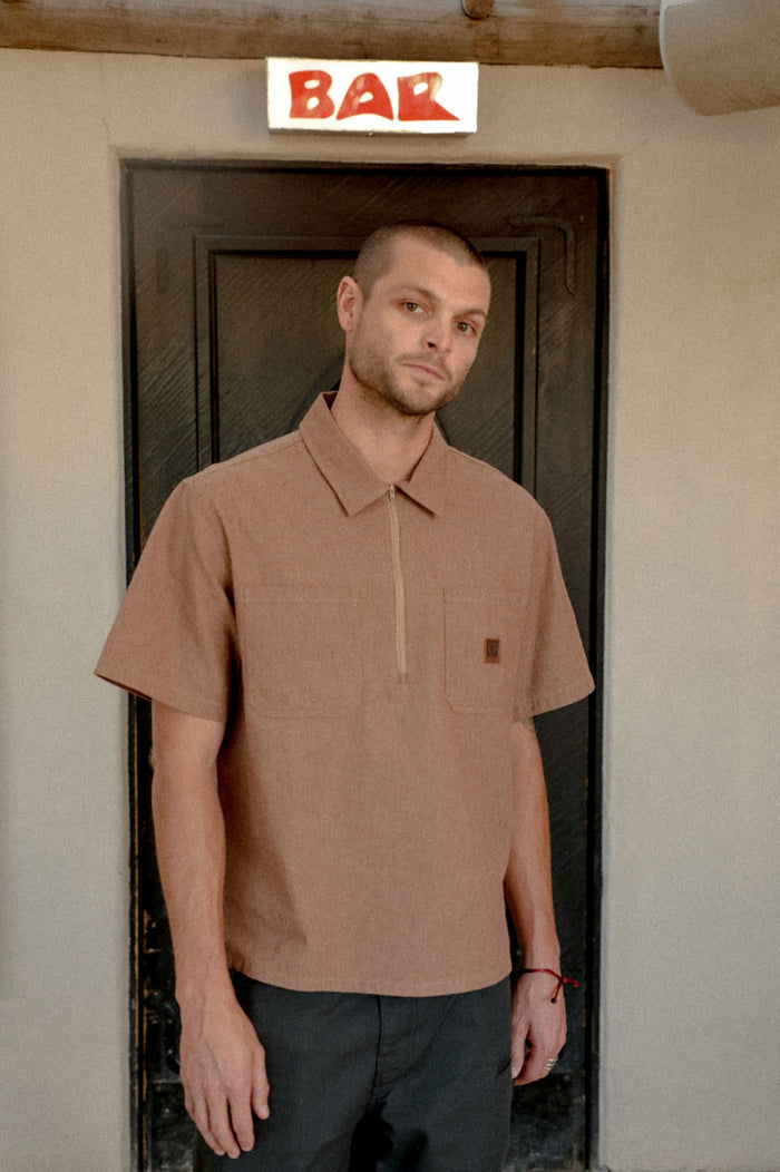 Men's Brakeman Half Zip Short Sleeve Shirt in the color Brown/Tan Stripe - Men's Lifestyle image