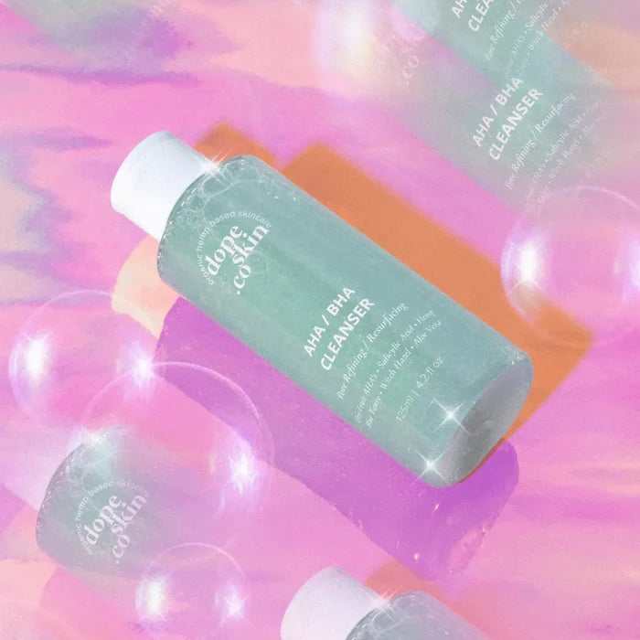 Green skincare bottle labeled 'dote' on a colorful, bubble-themed background