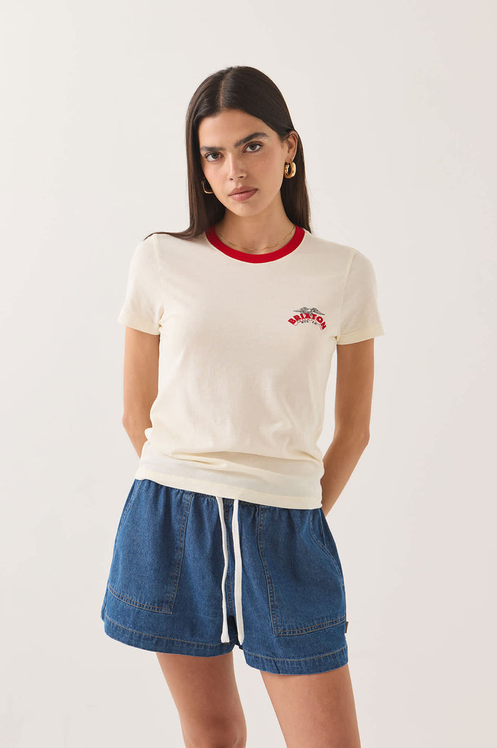 Women's Brixton Banner Slim Crew T-Shirt in the color Off White - Additional Fit image