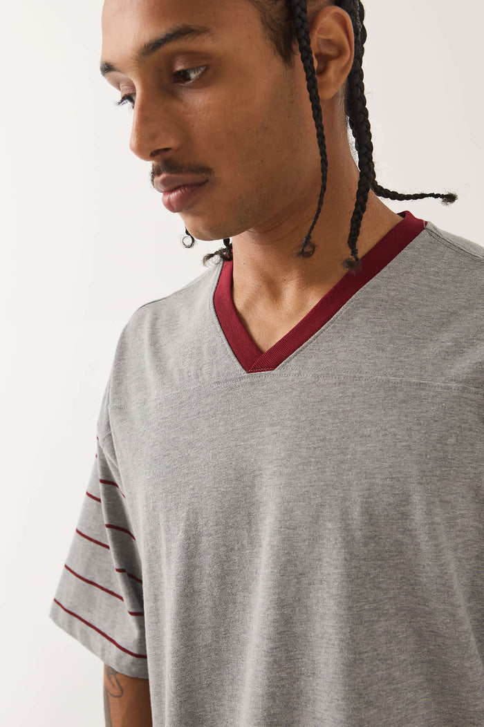 Men's Brixton Football T-Shirt in the color Heather Grey/Maroon - Men's Side View