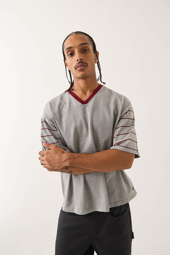 Men's Brixton Football T-Shirt in the color Heather Grey/Maroon - Additional Fit image