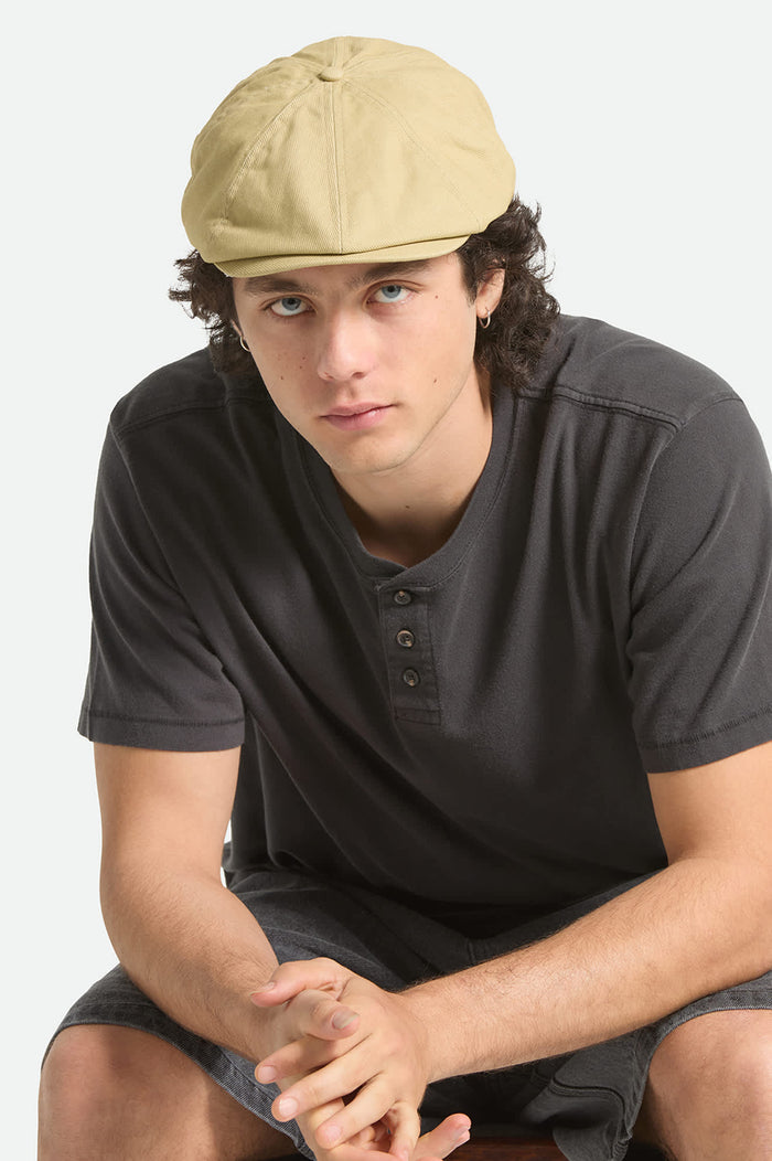 Unisex Brood Lightweight Newsboy Cap in the color Washed Khaki - Men's Front View