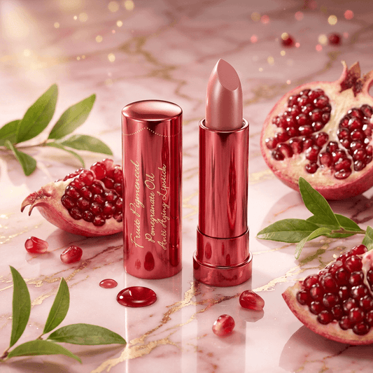 Calendula Fruit Pigmented® Pomegranate Oil Anti-Aging Lipstick with pomegranate seeds and leaves.