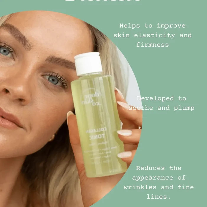 Woman holding a skincare bottle with text about skin care benefits on a green background