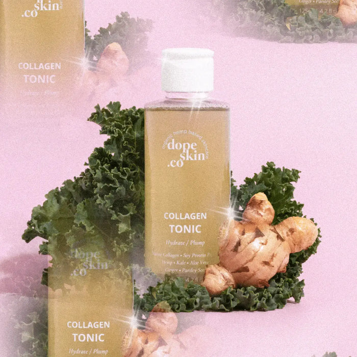 Collagen tonic bottle with kale and ginger on a pink background