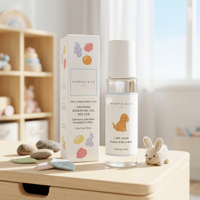 Calming Essential Oil Roller in a charming setting with playful design, perfect for children's relaxation and emotional support.