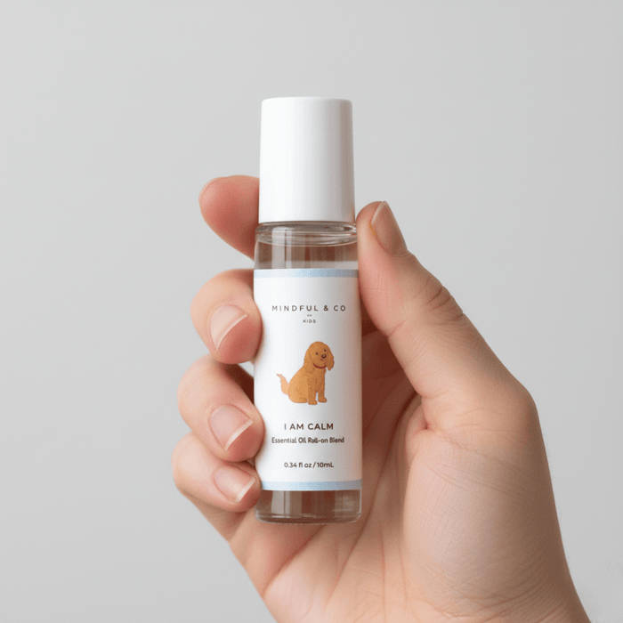 Calming Essential Oil Roller in a hand, featuring a cute dog illustration on the label for child-friendly aromatherapy.