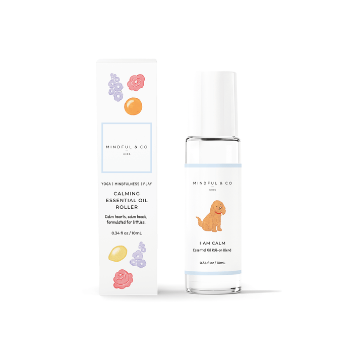 Calming Essential Oil Roller in a glass bottle with colorful packaging for kids' aromatherapy.