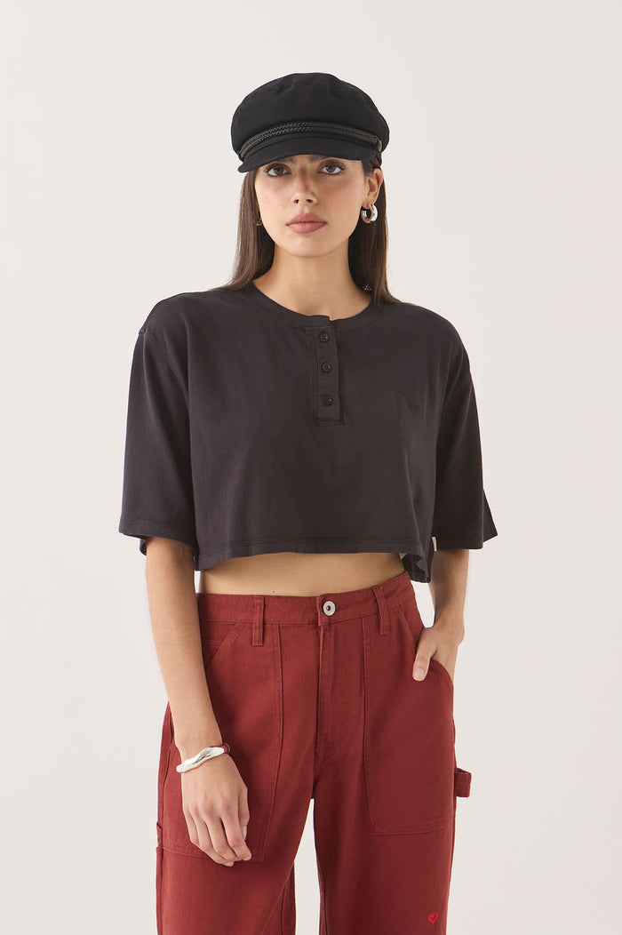 Women's Carefree Organic Garment Dye Cropped Henley in the color Black - Women's Front View