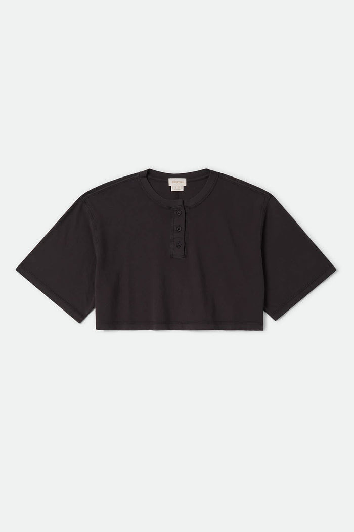 Women's Carefree Organic Garment Dye Cropped Henley in the color Black - Front Product View