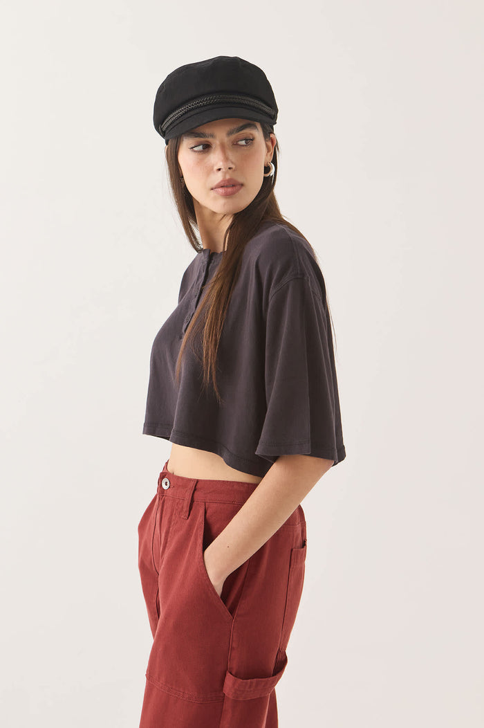 Women's Carefree Organic Garment Dye Cropped Henley in the color Black - Women's Side View