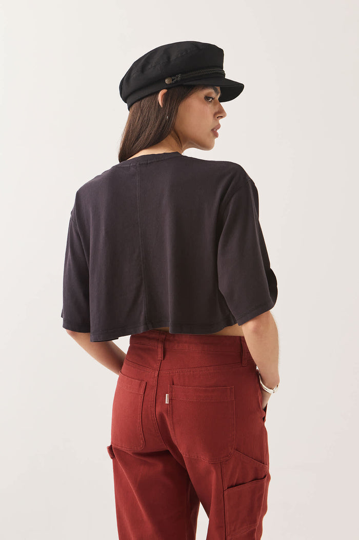 Women's Carefree Organic Garment Dye Cropped Henley in the color Black - Women's Back View