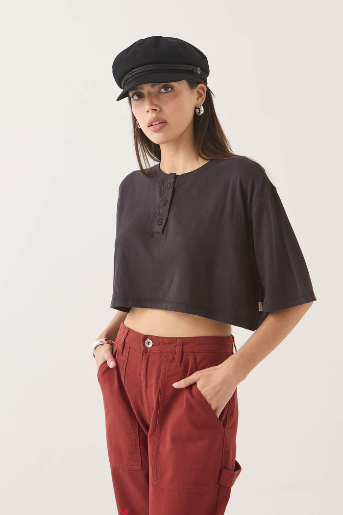 Women's Carefree Organic Garment Dye Cropped Henley in the color Black - Additional Fit image