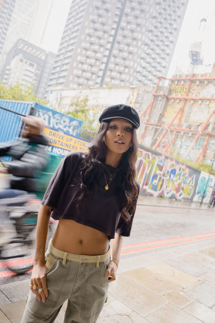 Women's Carefree Organic Garment Dye Cropped Henley in the color Black - Women's Lifestyle image