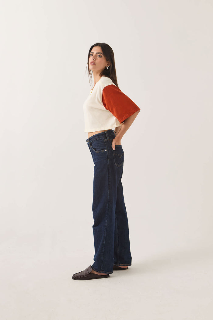 Women's Carefree Organic Garment Dye Cropped Henley in the color Off White/Rust - Women's Side View
