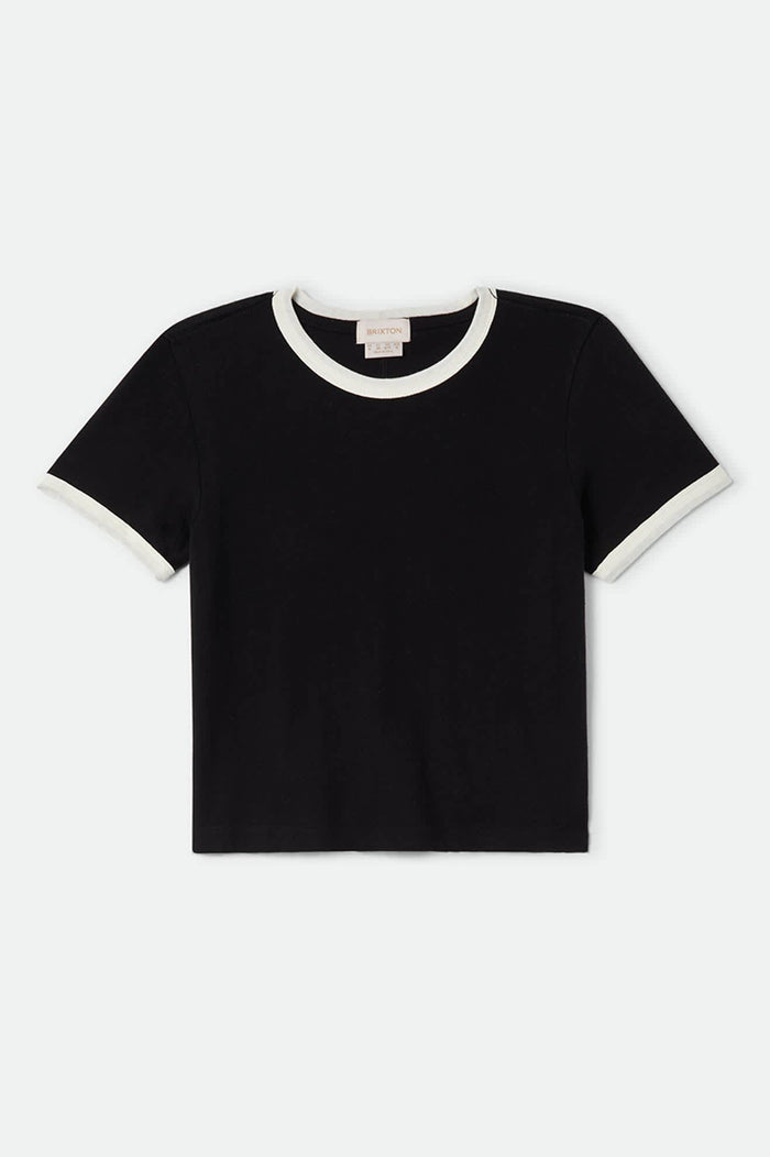 Women's Carefree Organic Garment Dye Ringer T-Shirt in the color Black/Off White - Front Product View
