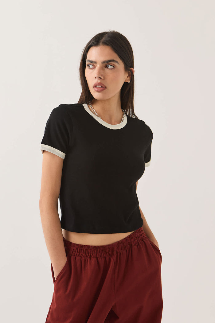 Women's Carefree Organic Garment Dye Ringer T-Shirt in the color Black/Off White - Women's Side View