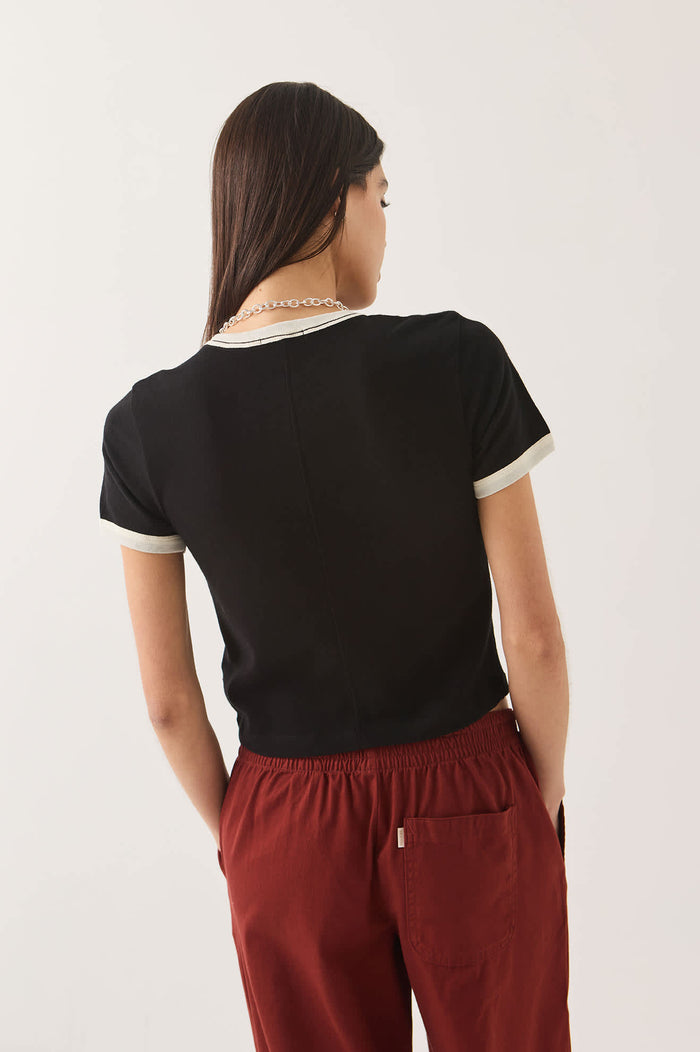 Women's Carefree Organic Garment Dye Ringer T-Shirt in the color Black/Off White - Additional Fit image