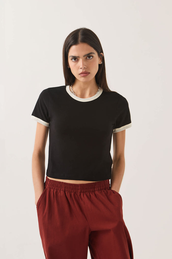 Women's Carefree Organic Garment Dye Ringer T-Shirt in the color Black/Off White - Additional Fit image