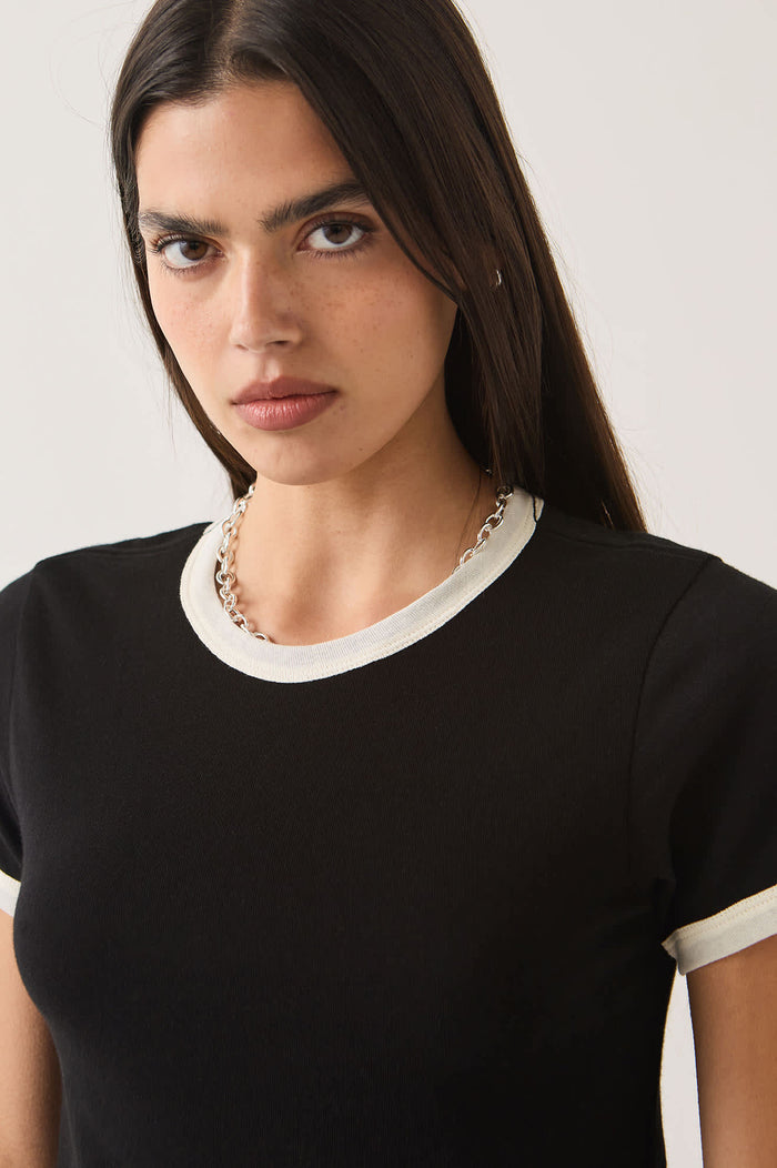 Women's Carefree Organic Garment Dye Ringer T-Shirt in the color Black/Off White - Additional Fit image