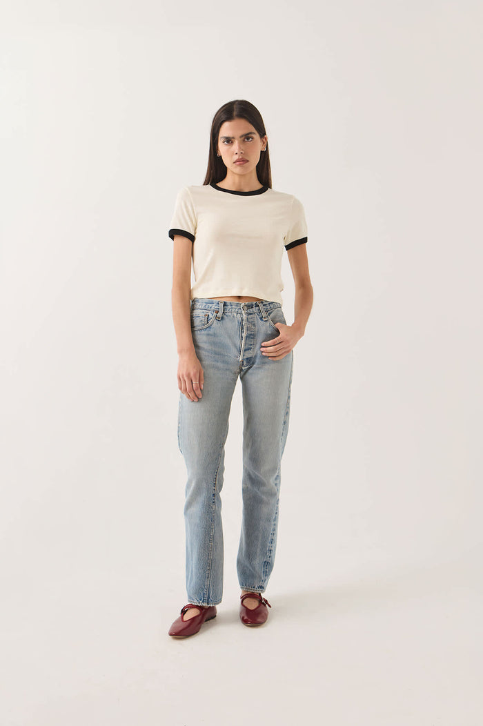 Women's Carefree Organic Garment Dye Ringer T-Shirt in the color Off White/Black - Women's Front View