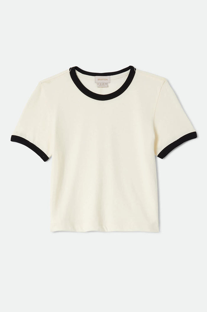 Women's Carefree Organic Garment Dye Ringer T-Shirt in the color Off White/Black - Front Product View