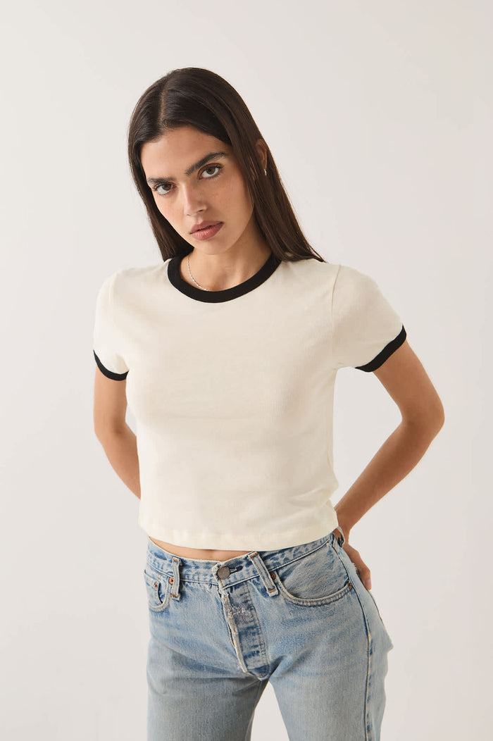 Women's Carefree Organic Garment Dye Ringer T-Shirt in the color Off White/Black - Women's Side View