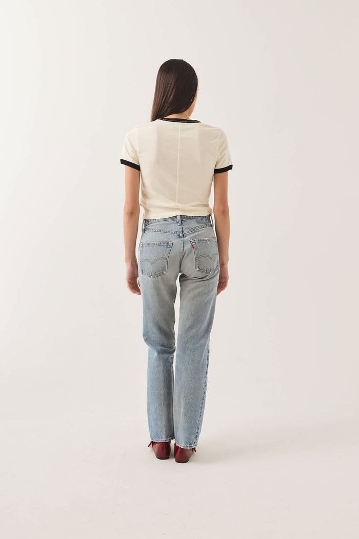 Women's Carefree Organic Garment Dye Ringer T-Shirt in the color Off White/Black - Women's Back View