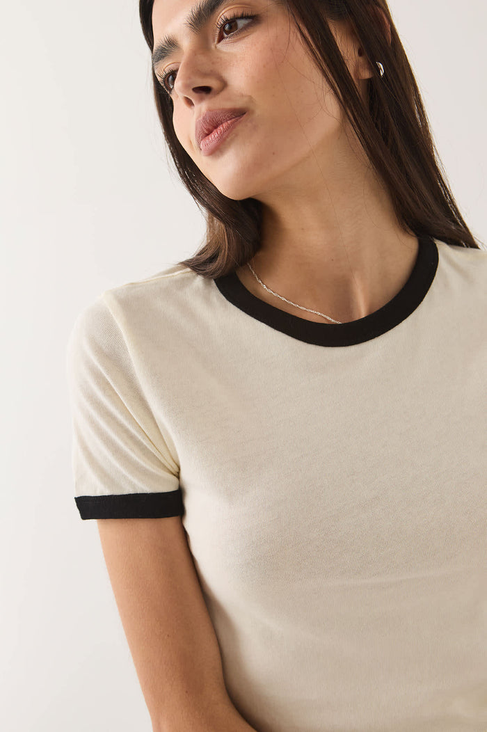 Women's Carefree Organic Garment Dye Ringer T-Shirt in the color Off White/Black - Additional Fit image